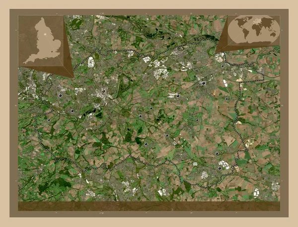 ウェイクフィールド イギリスの統一的権威 イギリス 低解像度衛星地図 地域の主要都市の場所 コーナー補助位置図 — ストック写真