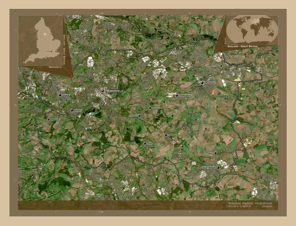 韦克菲尔德 英格兰的统一权威 大不列颠 低分辨率卫星地图 该区域主要城市的地点和名称 角辅助位置图 — 图库照片