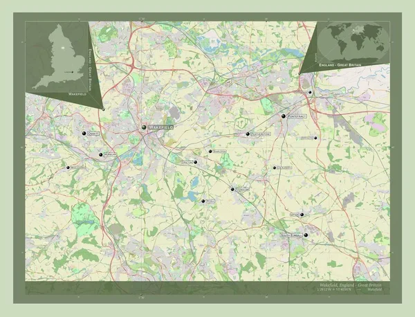 ウェイクフィールド イギリスの統一的権威 イギリス ストリートマップを開く 地域の主要都市の位置と名前 コーナー補助位置図 — ストック写真