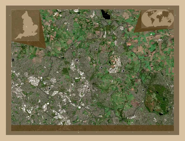 ウォール街 イギリスのユニタリな権威 イギリス 低解像度衛星地図 地域の主要都市の場所 コーナー補助位置図 — ストック写真