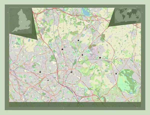 ウォール街 イギリスのユニタリな権威 イギリス ストリートマップを開く 地域の主要都市の場所 コーナー補助位置図 — ストック写真