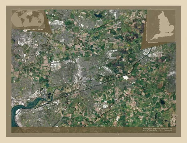 イギリスの統一的権威 ワリントン イギリス 高解像度衛星地図 地域の主要都市の位置と名前 コーナー補助位置図 — ストック写真