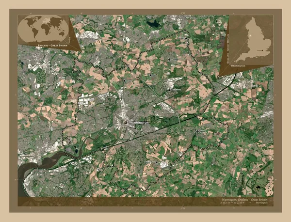 イギリスの統一的権威 ワリントン イギリス 低解像度衛星地図 地域の主要都市の位置と名前 コーナー補助位置図 — ストック写真