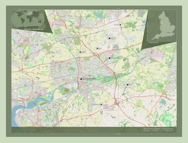 沃灵顿 英格兰的统一权威 大不列颠 开放街道地图 该区域主要城市的地点和名称 角辅助位置图 — 图库照片