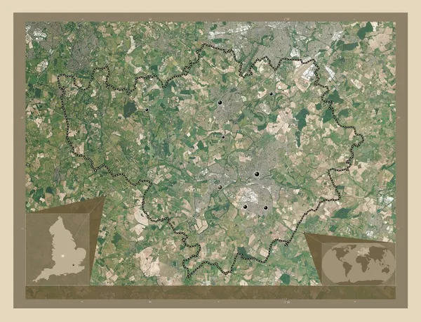 イギリスの首都圏ではない地区 ウォリック イギリス 高解像度衛星地図 地域の主要都市の場所 コーナー補助位置図 — ストック写真
