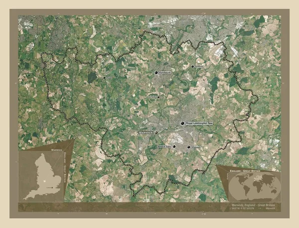 イギリスの首都圏ではない地区 ウォリック イギリス 高解像度衛星地図 地域の主要都市の位置と名前 コーナー補助位置図 — ストック写真