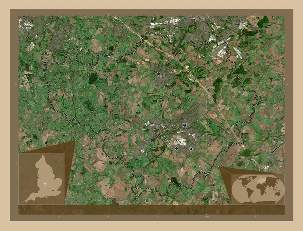 イギリスの首都圏ではない地区 ウォリック イギリス 低解像度衛星地図 地域の主要都市の場所 コーナー補助位置図 — ストック写真