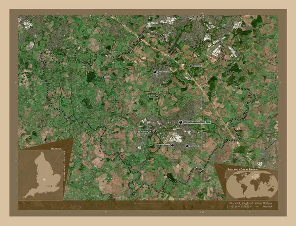 イギリスの首都圏ではない地区 ウォリック イギリス 低解像度衛星地図 地域の主要都市の位置と名前 コーナー補助位置図 — ストック写真