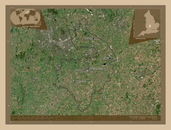 沃里克郡 英格兰的行政区划 大不列颠 低分辨率卫星地图 该区域主要城市的地点和名称 角辅助位置图 — 图库照片