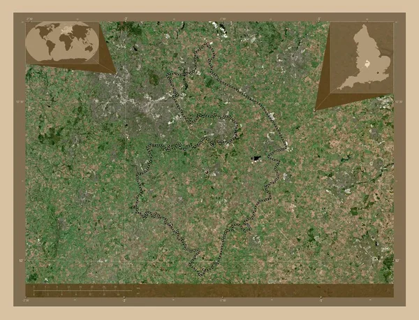 沃里克郡 英格兰的行政区划 大不列颠 低分辨率卫星地图 角辅助位置图 — 图库照片
