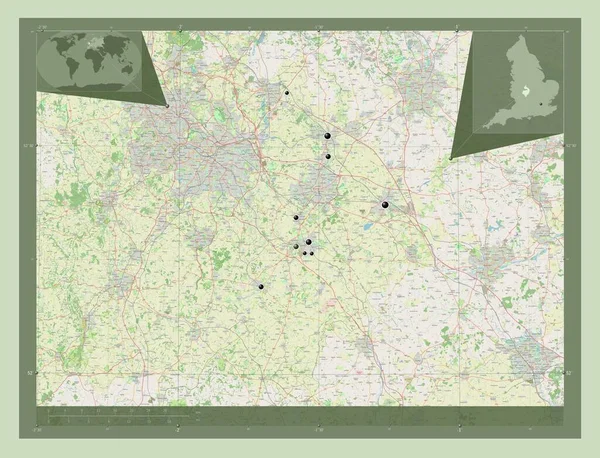 イギリスの行政郡 ウォリックシャー州 イギリス ストリートマップを開く 地域の主要都市の場所 コーナー補助位置図 — ストック写真
