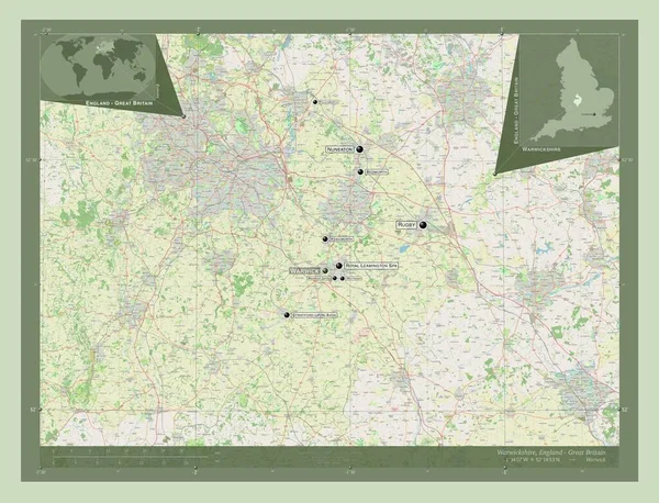 イギリスの行政郡 ウォリックシャー州 イギリス ストリートマップを開く 地域の主要都市の位置と名前 コーナー補助位置図 — ストック写真