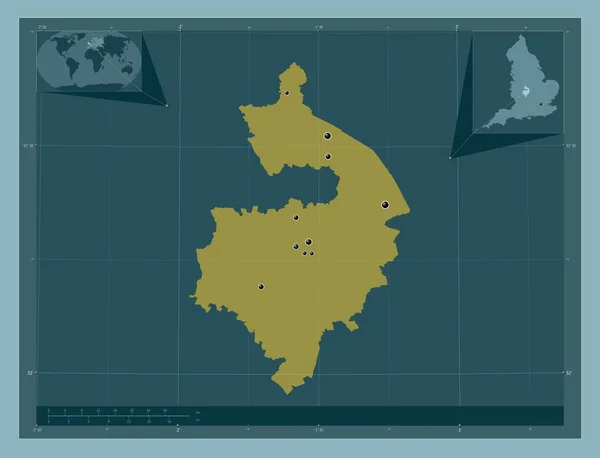 沃里克郡 英格兰的行政区划 大不列颠 固体的颜色形状 该区域主要城市的所在地点 角辅助位置图 — 图库照片