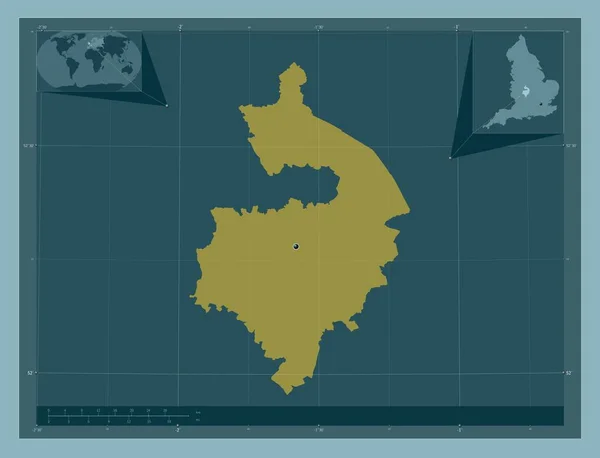 沃里克郡 英格兰的行政区划 大不列颠 固体的颜色形状 角辅助位置图 — 图库照片