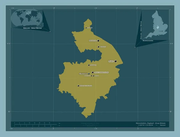 沃里克郡 英格兰的行政区划 大不列颠 固体的颜色形状 该区域主要城市的地点和名称 角辅助位置图 — 图库照片