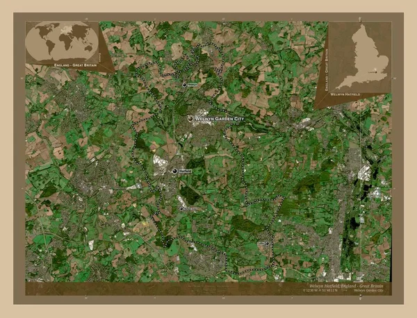 Welwyn Hatfield 英国非都市地区 低分辨率卫星地图 该区域主要城市的地点和名称 角辅助位置图 — 图库照片