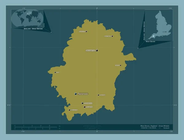 イングランドの非大都市圏である西デヴォン イギリス しっかりした色の形 地域の主要都市の位置と名前 コーナー補助位置図 — ストック写真