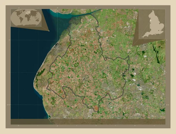 イングランドの首都圏ではない地区 西ランカシャー イギリス 高解像度衛星地図 コーナー補助位置図 — ストック写真