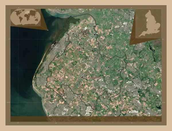 イングランドの首都圏ではない地区 西ランカシャー イギリス 低解像度衛星地図 地域の主要都市の場所 コーナー補助位置図 — ストック写真