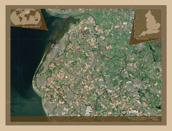 イングランドの首都圏ではない地区 西ランカシャー イギリス 低解像度衛星地図 地域の主要都市の位置と名前 コーナー補助位置図 — ストック写真