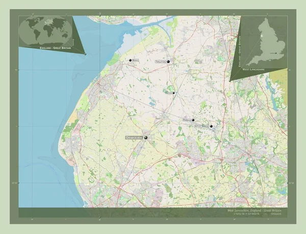 イングランドの首都圏ではない地区 西ランカシャー イギリス ストリートマップを開く 地域の主要都市の位置と名前 コーナー補助位置図 — ストック写真