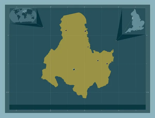 イングランドの首都圏ではない地区 西ランカシャー イギリス しっかりした色の形 地域の主要都市の場所 コーナー補助位置図 — ストック写真