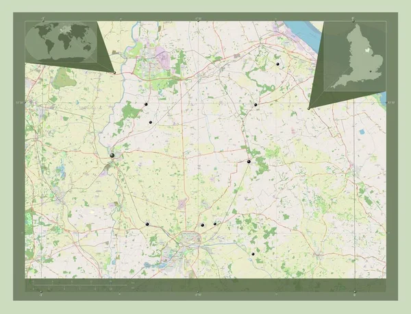 イングランドの首都圏ではない西リンジー イギリス ストリートマップを開く 地域の主要都市の場所 コーナー補助位置図 — ストック写真