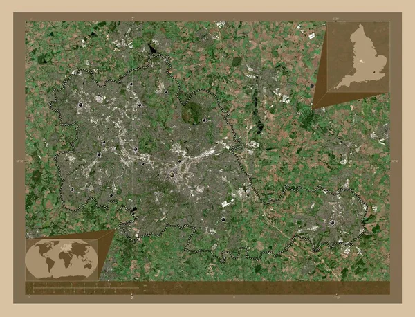西米德兰联合权力机构 英格兰地区 大不列颠 低分辨率卫星地图 该区域主要城市的所在地点 角辅助位置图 — 图库照片