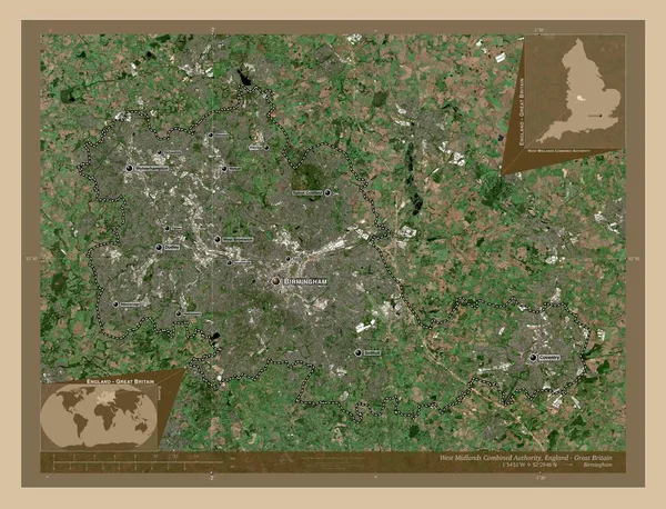 西米德兰联合权力机构 英格兰地区 大不列颠 低分辨率卫星地图 该区域主要城市的地点和名称 角辅助位置图 — 图库照片