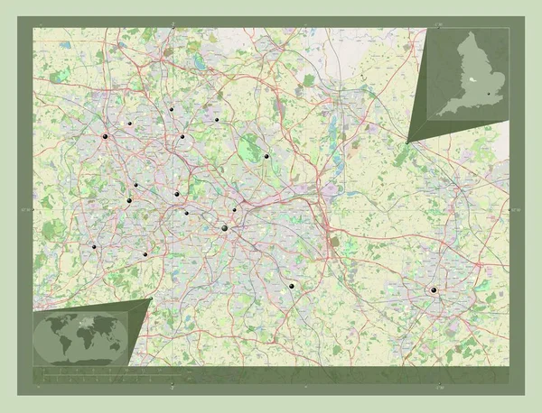 西米德兰联合权力机构 英格兰地区 大不列颠 开放街道地图 该区域主要城市的所在地点 角辅助位置图 — 图库照片