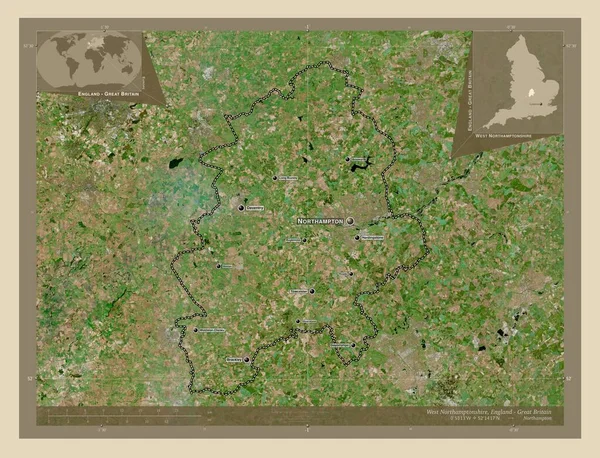西北安普敦郡 英格兰的单一政权 大不列颠 高分辨率卫星地图 该区域主要城市的地点和名称 角辅助位置图 — 图库照片