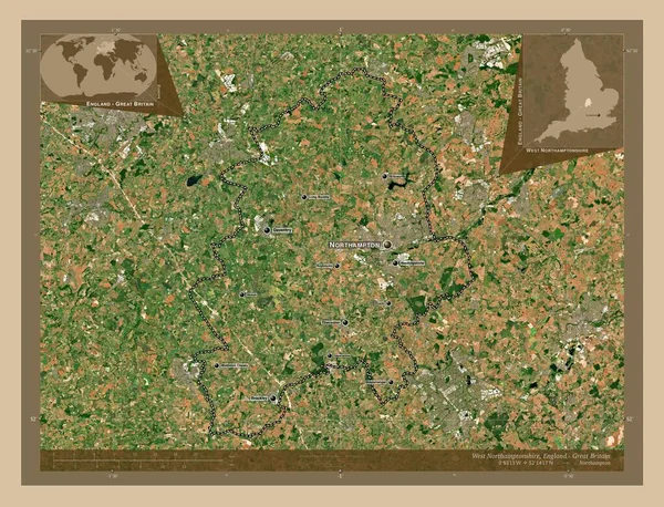 西ノーサンプトンシャー イギリスの統一当局 イギリス 低解像度衛星地図 地域の主要都市の位置と名前 コーナー補助位置図 — ストック写真
