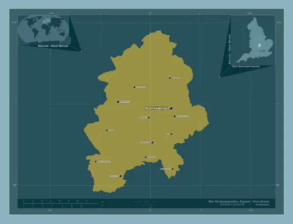 西ノーサンプトンシャー イギリスの統一当局 イギリス しっかりした色の形 地域の主要都市の位置と名前 コーナー補助位置図 — ストック写真