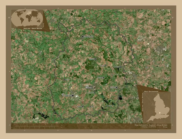 西牛津郡 英格兰的非大都市地区 大不列颠 低分辨率卫星地图 该区域主要城市的地点和名称 角辅助位置图 — 图库照片