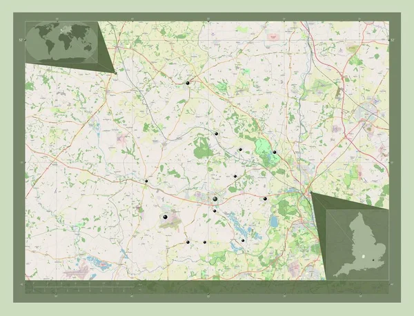 西オックスフォードシャー イングランドの首都圏ではない地区 イギリス ストリートマップを開く 地域の主要都市の場所 コーナー補助位置図 — ストック写真
