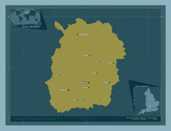 西牛津郡 英格兰的非大都市地区 大不列颠 固体的颜色形状 该区域主要城市的地点和名称 角辅助位置图 — 图库照片