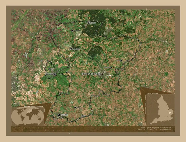 西萨福克 英格兰非大都市地区 大不列颠 低分辨率卫星地图 该区域主要城市的地点和名称 角辅助位置图 — 图库照片