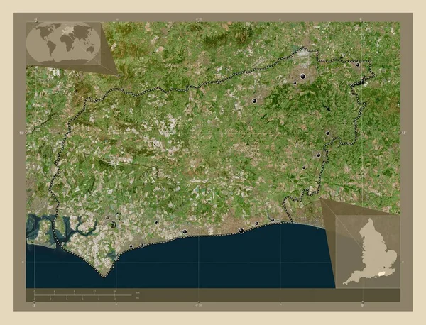 西苏塞克斯 英格兰行政区划 大不列颠 高分辨率卫星地图 该区域主要城市的所在地点 角辅助位置图 — 图库照片