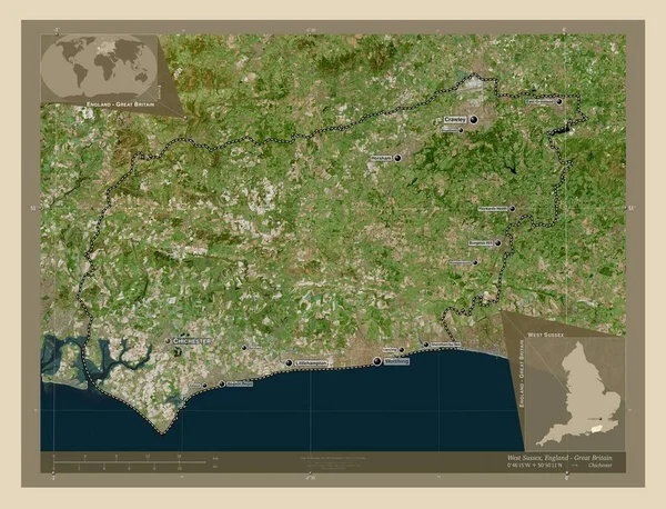 西苏塞克斯 英格兰行政区划 大不列颠 高分辨率卫星地图 该区域主要城市的地点和名称 角辅助位置图 — 图库照片