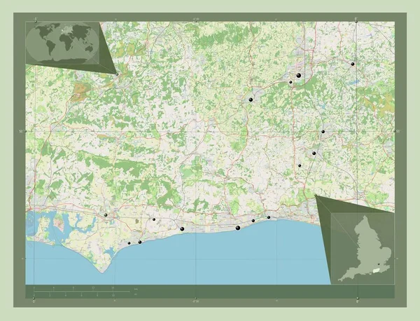 西苏塞克斯 英格兰行政区划 大不列颠 开放街道地图 该区域主要城市的所在地点 角辅助位置图 — 图库照片