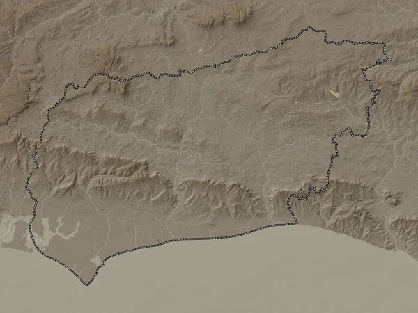 West Sussex, administrative county of England - Great Britain. Elevation map colored in sepia tones with lakes and rivers