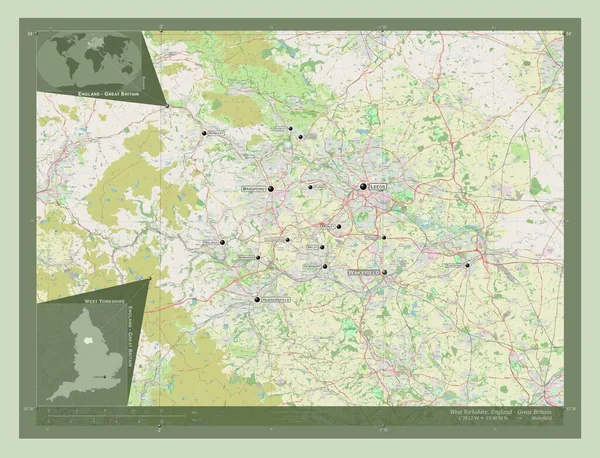 西ヨークシャー イングランドの地域 イギリス ストリートマップを開く 地域の主要都市の位置と名前 コーナー補助位置図 — ストック写真