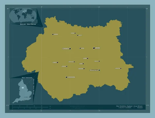 西ヨークシャー イングランドの地域 イギリス しっかりした色の形 地域の主要都市の位置と名前 コーナー補助位置図 — ストック写真