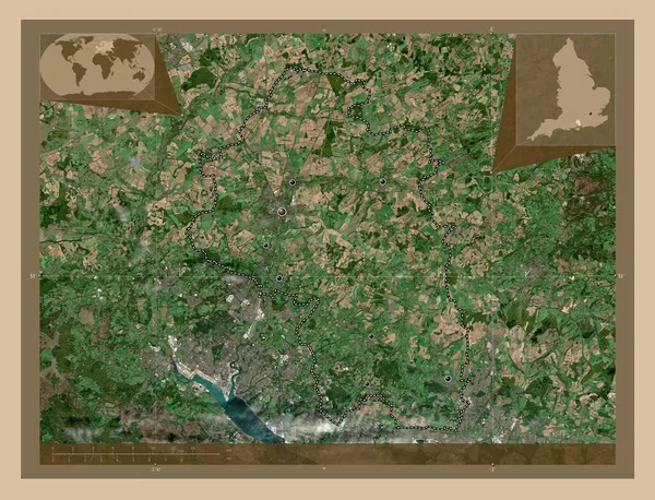イングランドの非大都市圏 ウィンチェスター イギリス 低解像度衛星地図 地域の主要都市の場所 コーナー補助位置図 — ストック写真