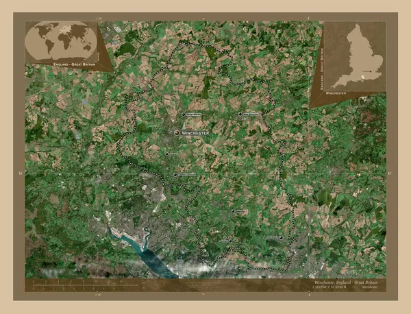 イングランドの非大都市圏 ウィンチェスター イギリス 低解像度衛星地図 地域の主要都市の位置と名前 コーナー補助位置図 — ストック写真