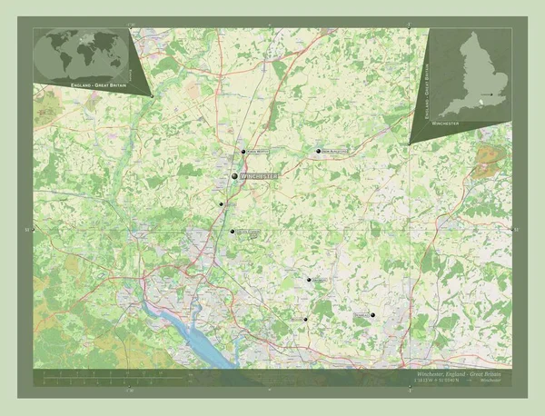 イングランドの非大都市圏 ウィンチェスター イギリス ストリートマップを開く 地域の主要都市の位置と名前 コーナー補助位置図 — ストック写真
