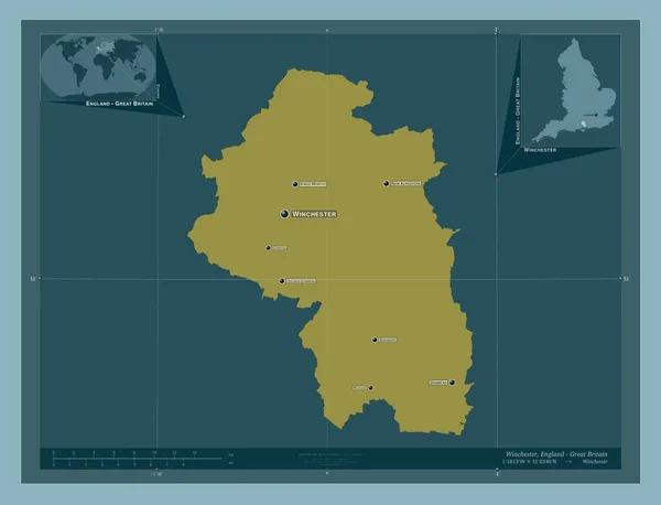 イングランドの非大都市圏 ウィンチェスター イギリス しっかりした色の形 地域の主要都市の位置と名前 コーナー補助位置図 — ストック写真