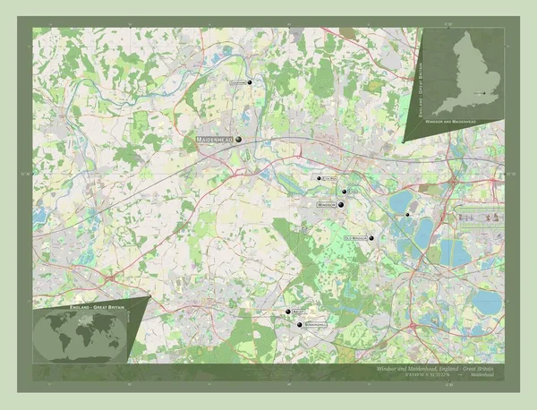 温莎和美登黑德 英国大都市地区 开放街道地图 该区域主要城市的地点和名称 角辅助位置图 — 图库照片