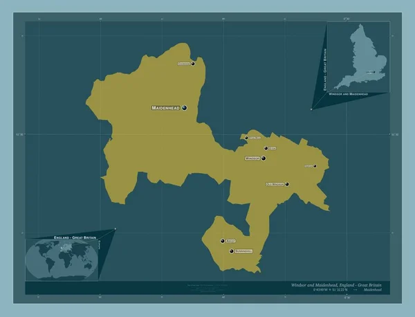 ウィンザーとメイデンヘッド イギリスの首都圏地区 イギリス しっかりした色の形 地域の主要都市の位置と名前 コーナー補助位置図 — ストック写真
