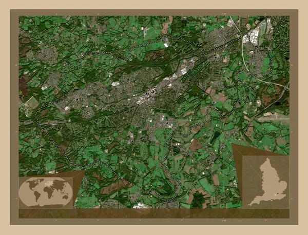 英国非都市地区的沃金 大不列颠 低分辨率卫星地图 该区域主要城市的所在地点 角辅助位置图 — 图库照片